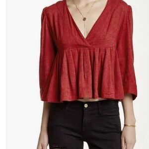 Free People Maroon V Neck “Pleats On Me” Cropped Textured Top. Medium